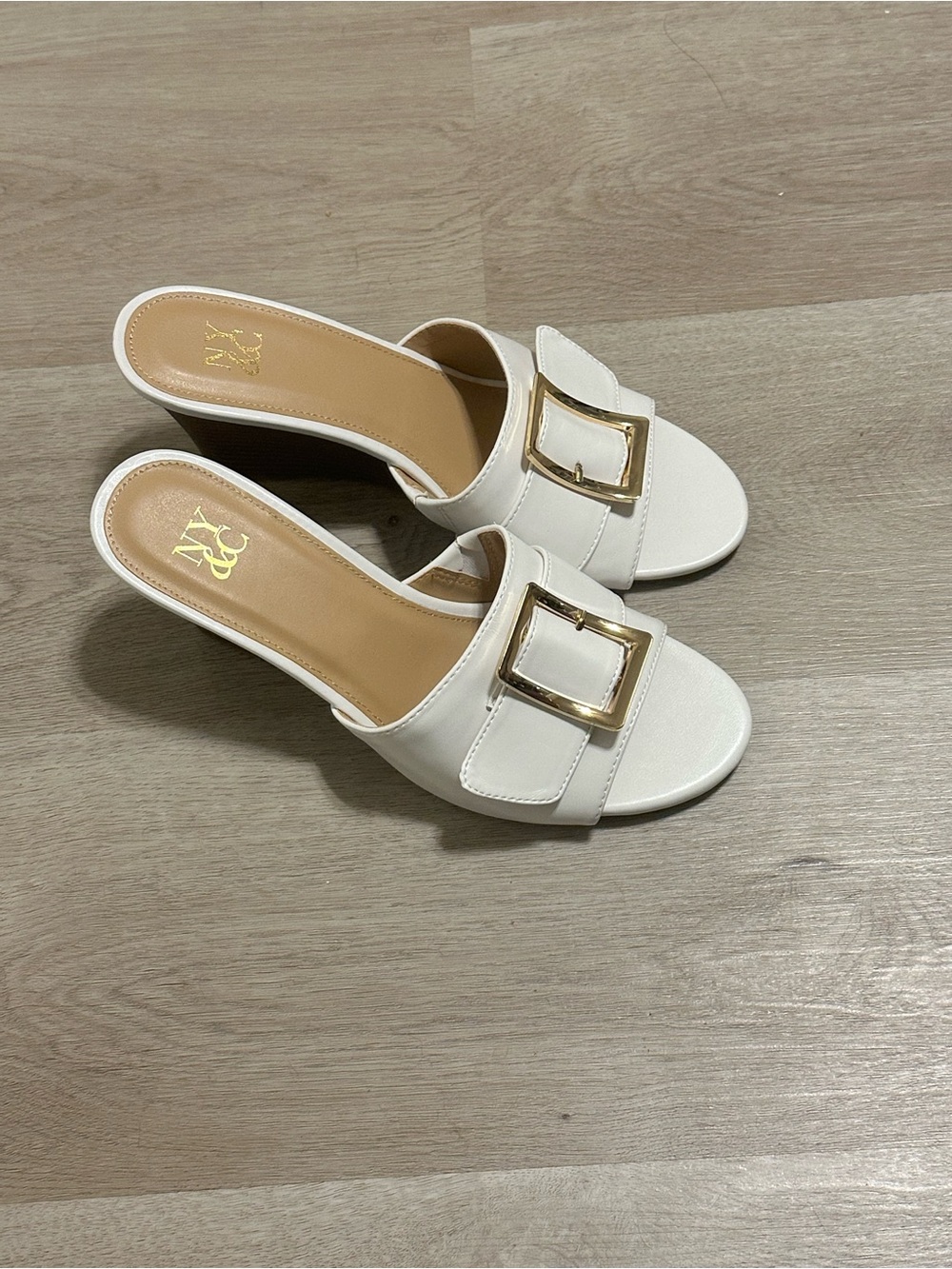 New York & Company White Slide Sandals with Gold Buckles